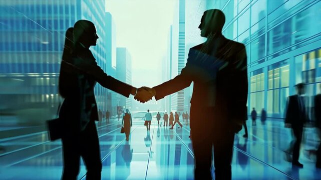 Business Deal: A  handshake between two business professionals symbolizes a successful deal, agreement, or partnership in the modern city.