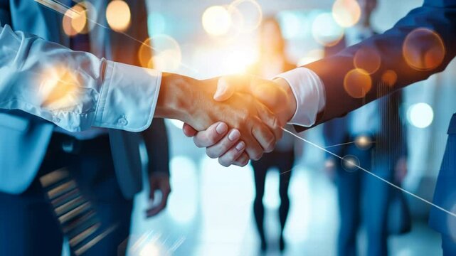 Handshake of Trust: Two business professionals shake hands in a powerful symbol of partnership, collaboration, and mutual respect.  The image is a striking visual representation of a successful deal.