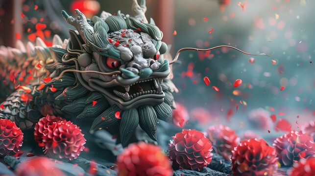 vibrant 3D representation of mythical dragon, adorned with intricate details, surrounded by red decorations and petals, evokes sense of celebration and cultural significance