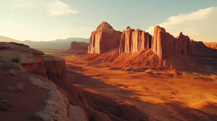 Fototapeta premium Massive red rock monoliths towering over a barren desert landscape, with patches of hardy vegetation. v3