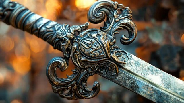 Close-up of a sword pommel with intricate details and an out-of-focus background.