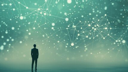Man standing alone in a digital network environment with connected data points