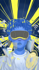 Man with vr and technological icons and things