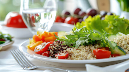Healthy, mindful vegetarian vegan eating for dinner concept. Clean, white table setting with a plate of organic quinoa salad, fresh vegetables, and a glass of water