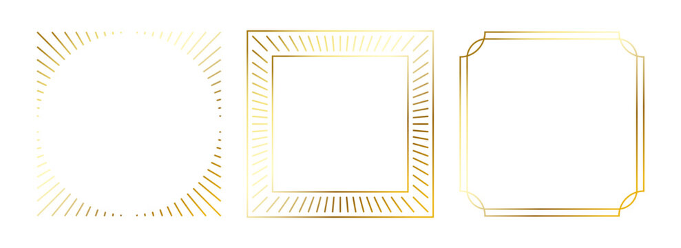 Gold thin frame set. Golden square borders in art deco style. Thin linear radiance rectangular element collection. Yellow glowing shiny boarder pack. Vector bundle for photo, cadre, poster, card