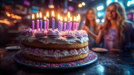 Birthday Cake with Lit Candles, Close Up