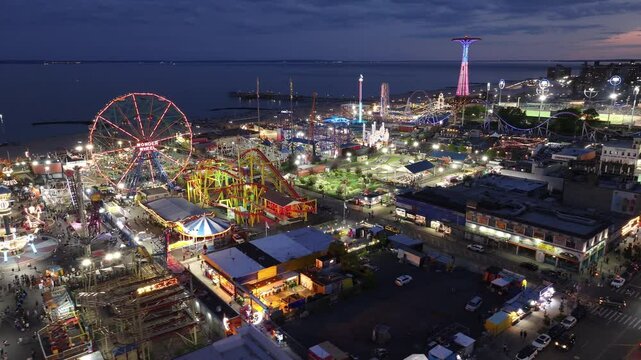 Aerial view of Coney Island at night