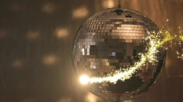 Animation of shooting star over disco mirror ball on brown background