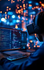 A techdriven workspace filled with employees collaborating via AI assistants, virtual reality tools, and smart devices in a futuristic setting