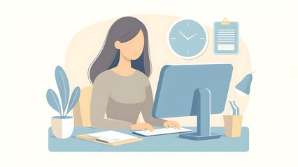 Focused Woman Typing at Office Desk, business vector illustration