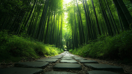 A dense bamboo forest with towering green stalks reaching high into the sky. v2