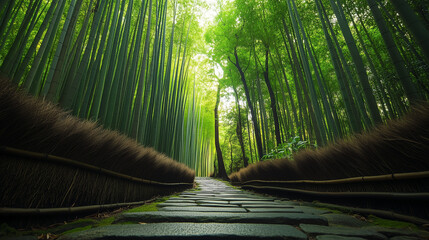 A dense bamboo forest with towering green stalks reaching high into the sky.