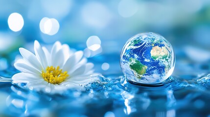World Environment Day concept featuring the Earth encapsulated in a single water droplet on a blue background, symbolizing environmental protection and global water conservation. 