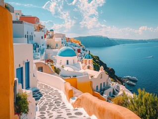 Fototapeta premium iew from an open window with blue shutters of the Aegean sea caldera coastline and whitewashed town of Oia Santorini Greece - ai