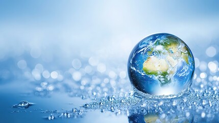 World Environment Day concept featuring the Earth encapsulated in a single water droplet on a blue background, symbolizing environmental protection and global water conservation. 