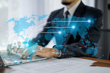 Businessman using AI technology for logistic management leverages data analytics to enhance...