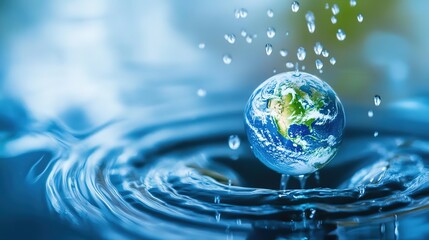 World Environment Day concept featuring the Earth encapsulated in a single water droplet on a blue background, symbolizing environmental protection and global water conservation. 