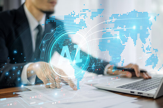 Businessman using AI technology for logistic management leverages data analytics to enhance decision-making, streamline supply chain operations, and minimize errors in shipment tracking distribution.