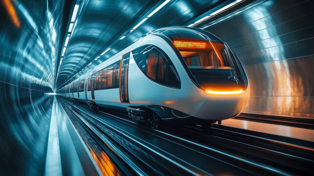 futuristic train traveling through a modern tunne