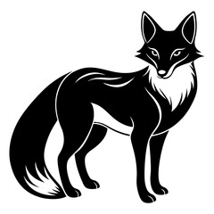 The image is a black and white illustration of a fox silhouette vector isolated on a white background