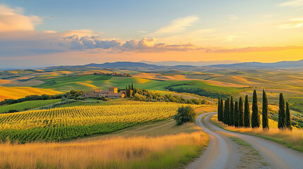 Fototapeta premium A panoramic view of Tuscany’s rolling hills at sunset, with golden vineyards stretching across the landscape.