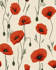 Fototapeta premium Veterans Day poppies pattern, red flowers with green stems on a subtle background