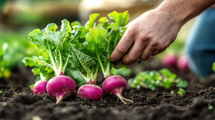 Close-up, organic fresh vegetables. The farmer has a fresh radish in his hands