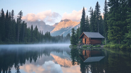Obraz premium A small wooden cabin by the edge of a still lake, surrounded by towering pine trees and mist rising from the water. v2