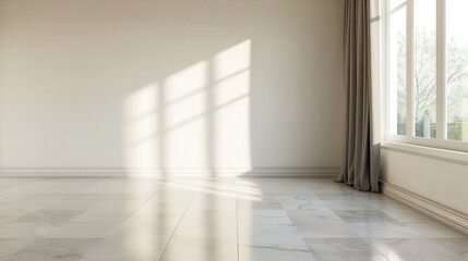 Fototapeta premium A large, empty room with a window and a curtain. The room is very clean and bright, with a lot of natural light coming in through the window. The curtain is drawn