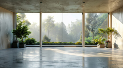 Modern contemporary empty hall nature render overlooking  living room behind  concrete floors