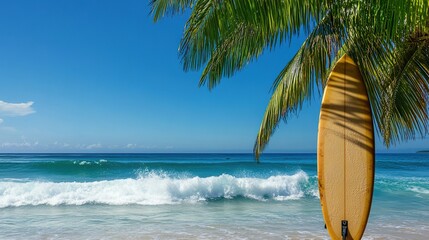 Tropical Beach with Surfboard and Clear Blue Sky