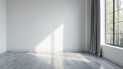 A large, empty room with a window and a curtain. The room is very clean and has a lot of natural light coming in through the window