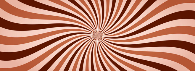 Chocolate color sunburst background. Milk coffee sunbeam pattern design. Retro brown nougat dessert wallpaper for template, banner, poster, flyer. Rotating cartoon candy rays and beams. Vector