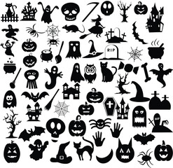 Halloween icon bundle featuring spooky and festive graphics, including pumpkins, ghosts, bats, witches, and haunted houses. Ideal for posters, invitations, social media, and seasonal decorations.
