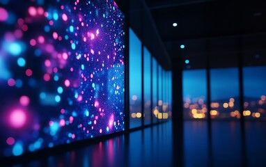 A futuristic office building with holographic projections of the company logo, smart glass windows, and AIcontrolled interiors