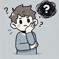 An illustration of a young individual deep in thought, surrounded by question marks and a scribbled thought bubble