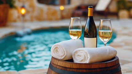 Poolside Wine and Towels, Luxury Relaxation, Spa or Resort, Romantic Getaway, Summer Leisure