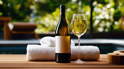 Spa Setting with Wine Bottle, Glass of White Wine, Towels, Luxury Relaxation, Wellness Retreat