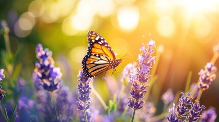 A butterfly is flying in a field of purple flowers
