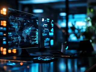 A futuristic office where employees are working with smart devices, AIpowered assistants, and augmented reality tools for realtime collaboration