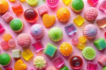 Colorful Jelly Candy Assortment on Soft Pink Background - Perfect for Wallpaper Design and Sweet Treat Inspiration