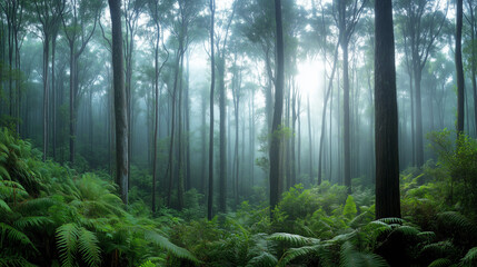 Fototapeta premium A dense forest shrouded in early morning fog, with towering trees, lush ferns covering the forest floor. v2