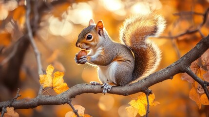 Obraz premium A cute squirrel sits on a branch in the autumn forest, holding a nut in its paws.