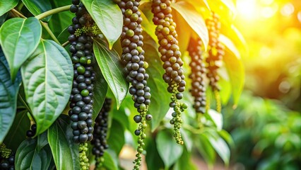 Ripe black pepper on tree in plantation, tilted angle
