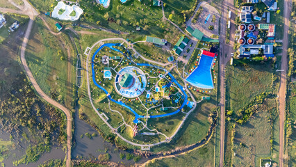 Cenital aerial view of Termas de Río Hondo in Federación, Entre Ríos province, Argentina.