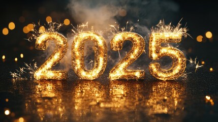 Happy New Year sparkling text 2025, isolated on a black background. Golden light effect with a burning firework 
