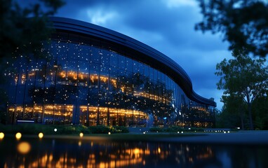 Obraz premium A futuristic research center with glassandsteel architecture, smart systems for climate control, and holographic screens on the exterior