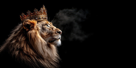 Majestic lion wearing ornate crown, exuding power and grace © Antto-AI