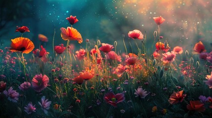 Obraz premium Nature's Canvas: A Picturesque Meadow Overflowing with Poppy Blossoms