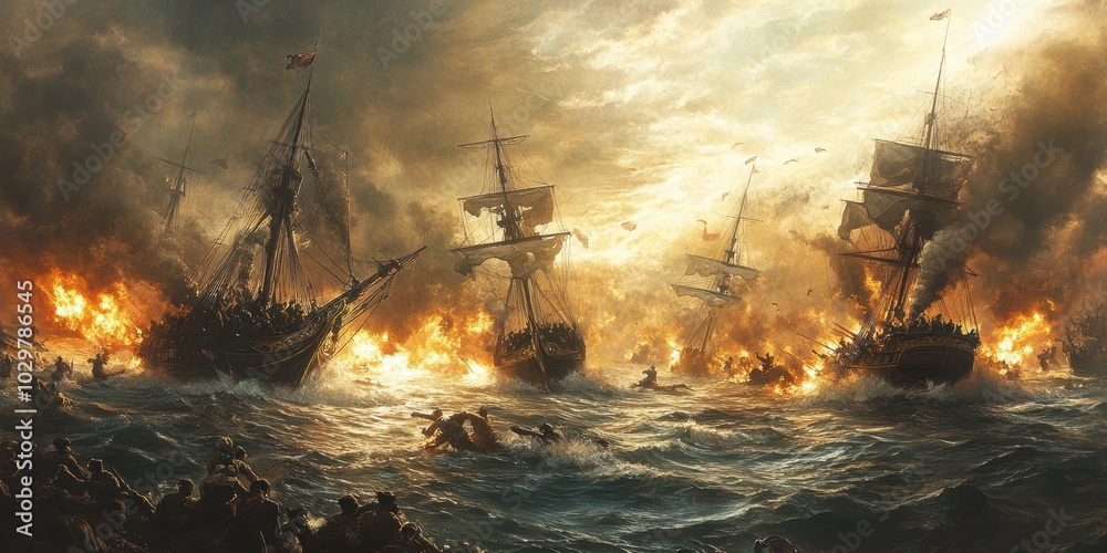 Canvas Prints Burning ships in a raging sea battle.